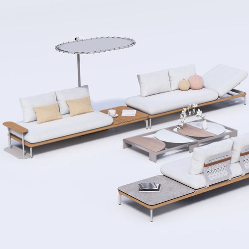 A modern outdoor patio furniture set featuring three low-profile daybeds with white cushions, light wood frames, and gray stone-look slabs, arranged around a matching low coffee table on a clean white background.