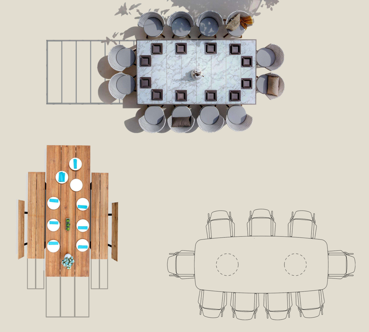 Top-down architectural rendering showing three furniture layouts: a rectangular dining table with chairs, a wooden dining table with blue and white circular accents, and a long rectangular table with multiple chairs. The scene uses a light beige background with soft shadows and line details.