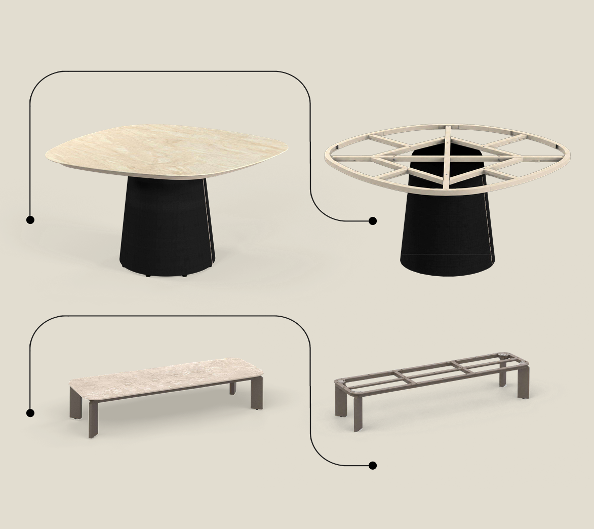 Four modern furniture pieces shown on a light beige background: a round table with a cream stone top and black pedestal base, a matching rectangular bench with a cream stone top and gray metal frame, plus two views of a black pedestal base with a circular metal top. Curved lines connect the bench and table to their respective base views.